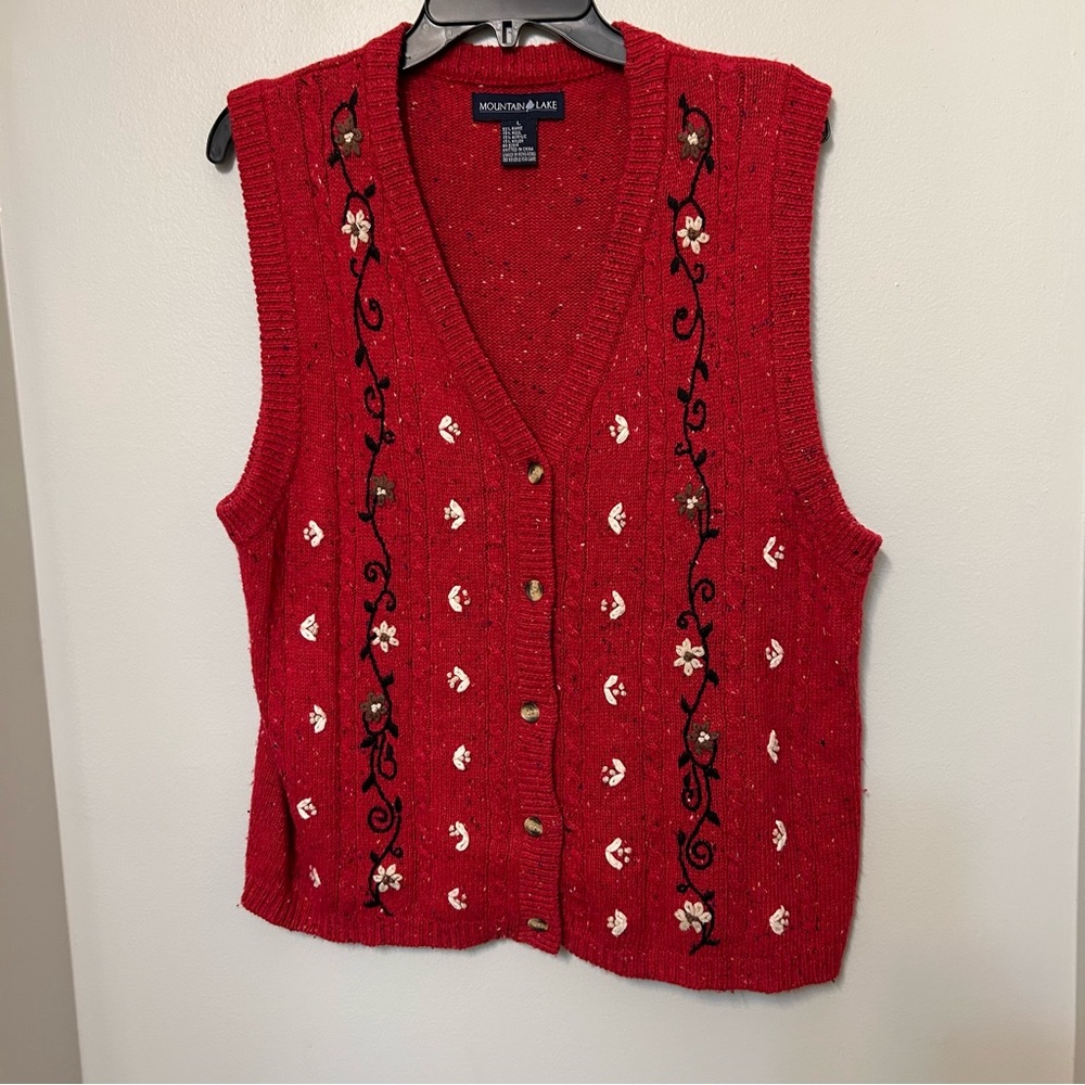 Mountain Lake Flower‎ Embroidered Button Sweater Vest Large 90s Cottage granny